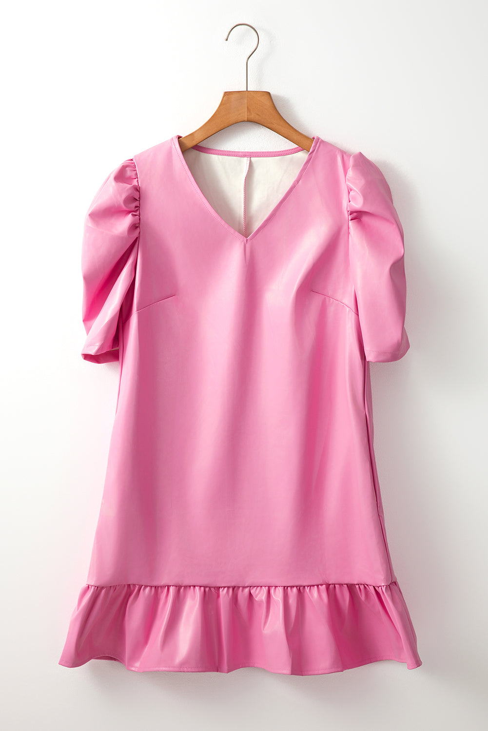 Sachet Pink Pleather Bubble Short Sleeve V Neck Ruffled Hem Mini Dress-Dresses/Mini Dresses-[Adult]-[Female]-2022 Online Blue Zone Planet