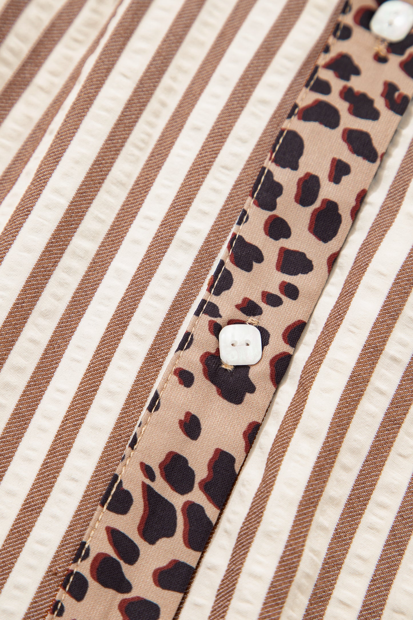 Khaki Stripe Square Button Leopard Trim Loose Bracelet Sleeve Shirt Dress-TOPS / DRESSES-[Adult]-[Female]-2022 Online Blue Zone Planet