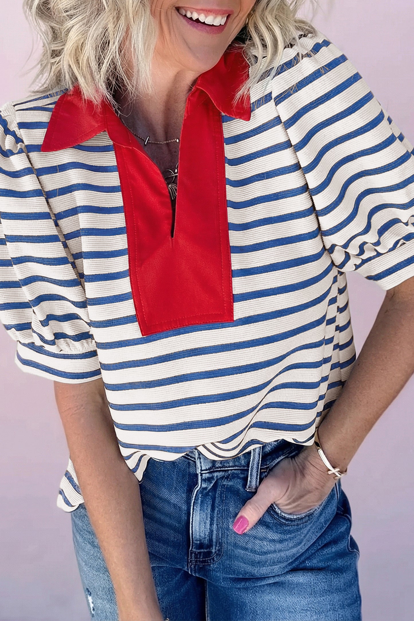 Blue Stripe Short Puff Sleeve Color Block Polo Collar Blouse-Tops/Blouses & Shirts-[Adult]-[Female]-Blue Stripe-S-2022 Online Blue Zone Planet