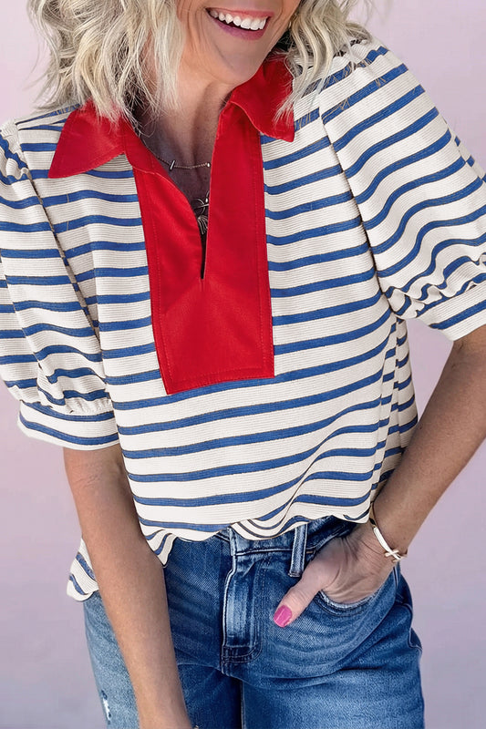 Blue Stripe Short Puff Sleeve Color Block Polo Collar Blouse-Tops/Blouses & Shirts-[Adult]-[Female]-Blue Stripe-S-2022 Online Blue Zone Planet