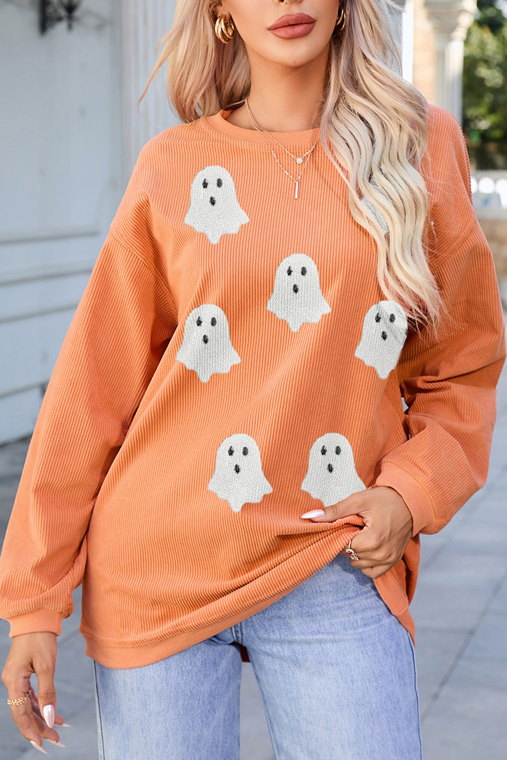 Orange Twisted Ribbed Texture Halloween Ghost Sequin Patched Sweatshirt-Graphic/Graphic Sweatshirts-[Adult]-[Female]-2022 Online Blue Zone Planet