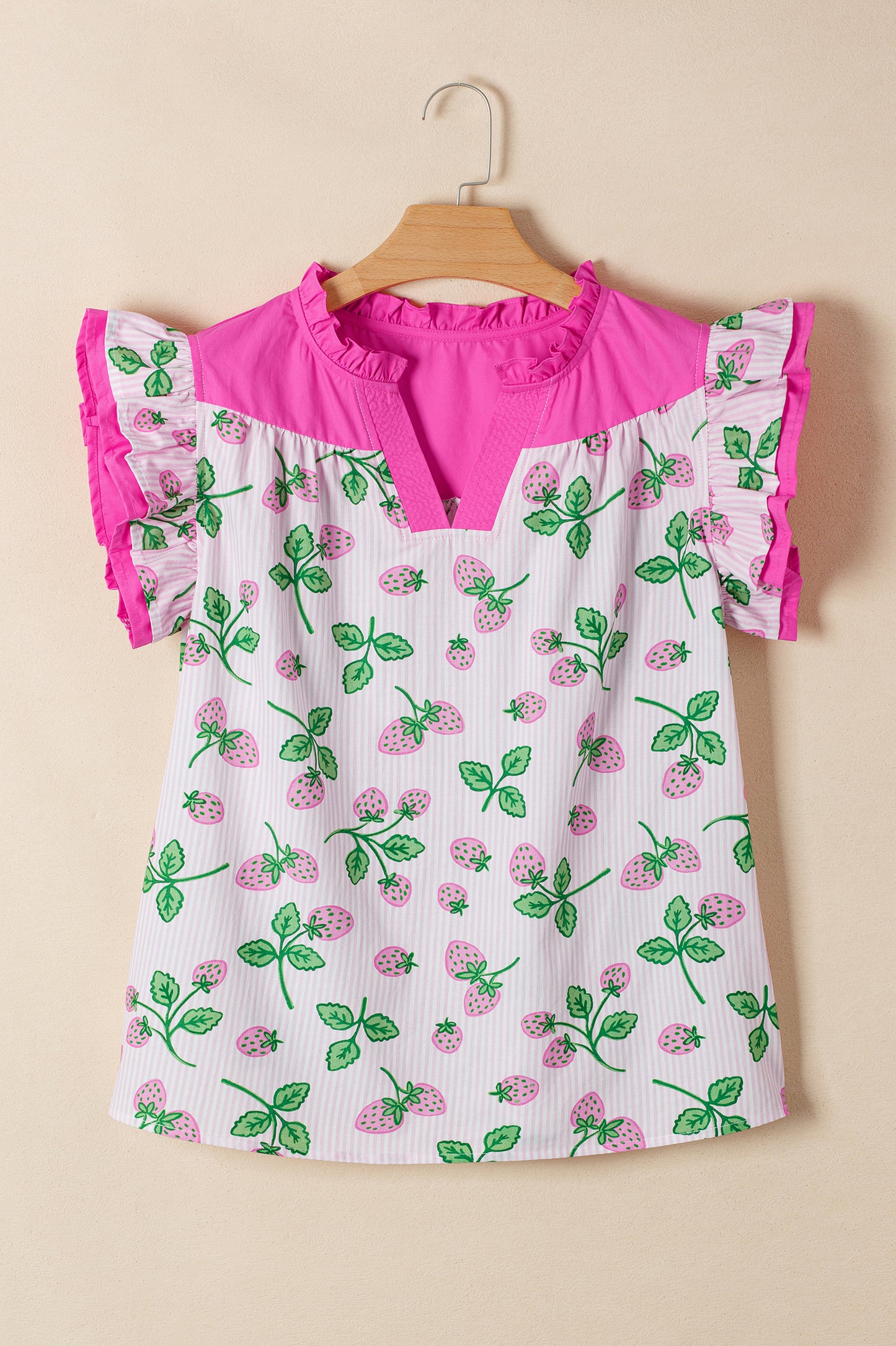 Pink Striped Strawberry Printed Color Block Patchwork V Neck Flutter Sleeve Blouse-Tops/Blouses & Shirts-[Adult]-[Female]-2022 Online Blue Zone Planet