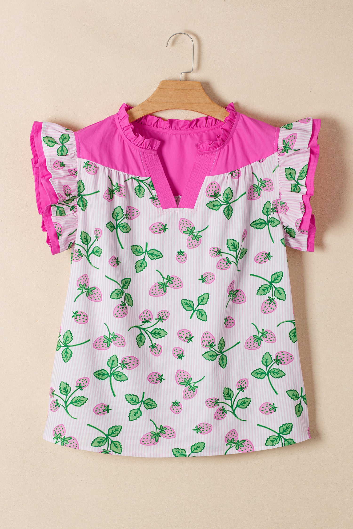 Pink Striped Strawberry Printed Color Block Patchwork V Neck Flutter Sleeve Blouse-Tops/Blouses & Shirts-[Adult]-[Female]-2022 Online Blue Zone Planet