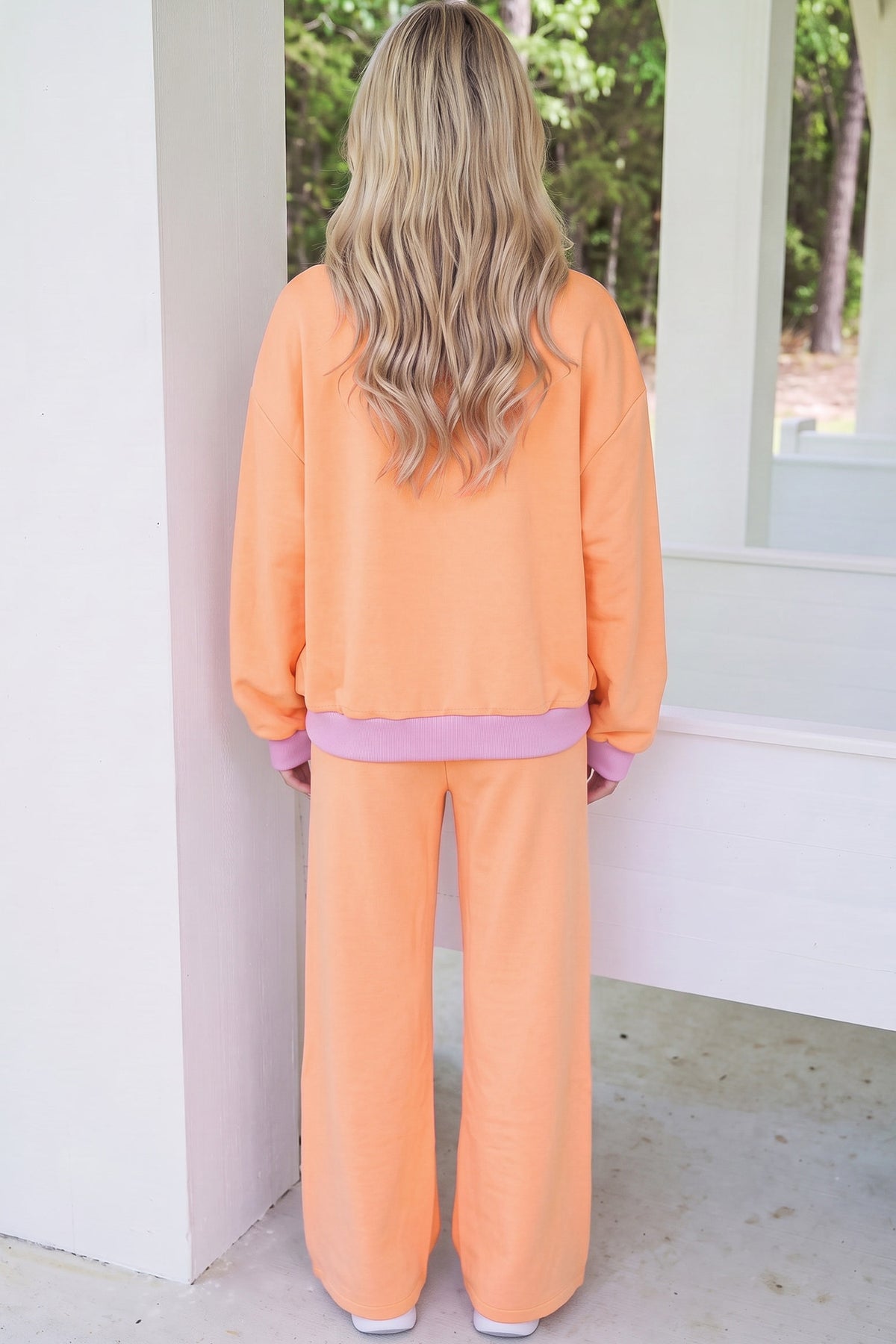 Light Pink Color Block Trim Long Sleeve Pullover Drawstring Shift Pants Set-Two Piece Sets/Pant Sets-[Adult]-[Female]-2022 Online Blue Zone Planet