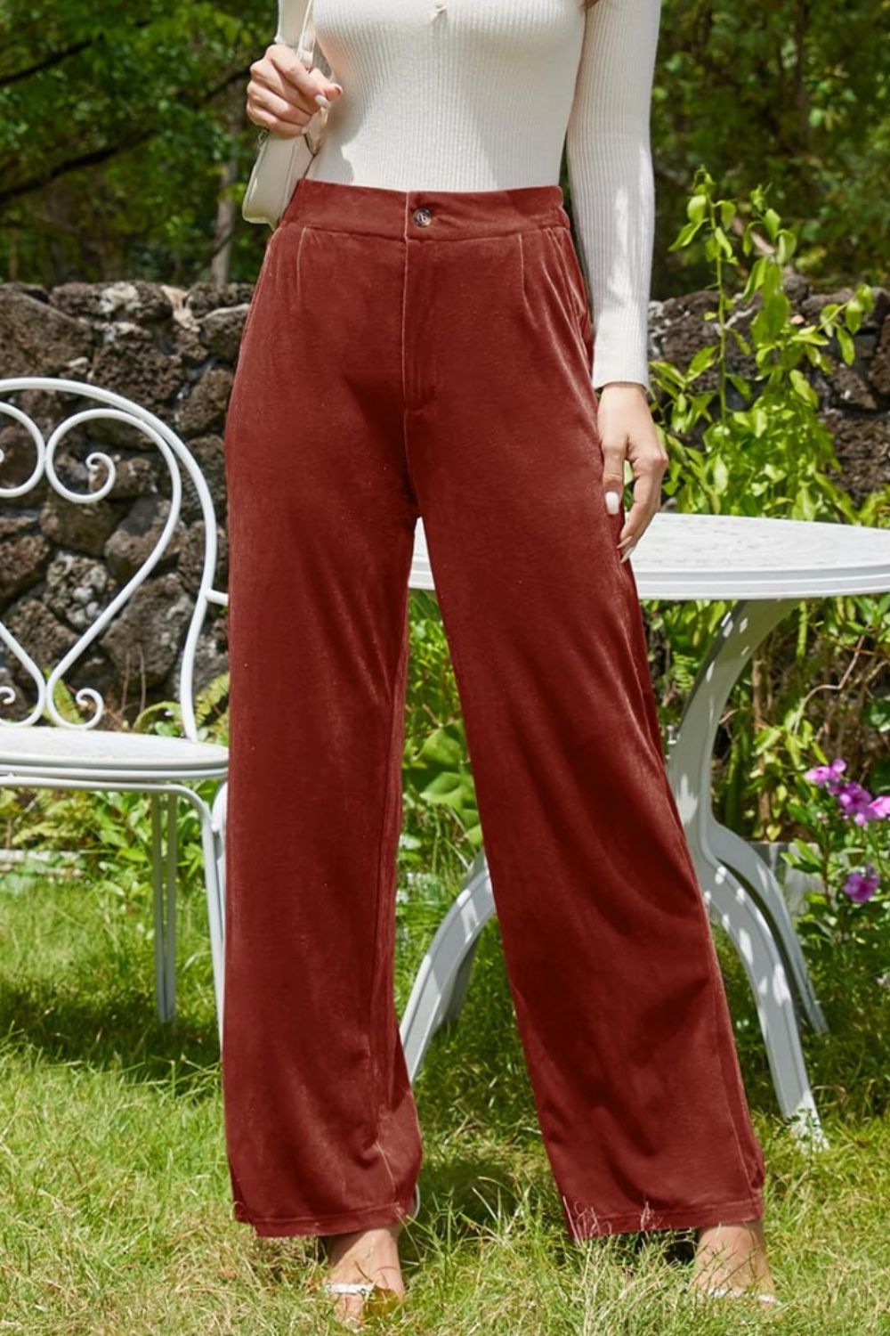 Velvet Wide Leg Pants with Pockets-BOTTOMS SIZES SMALL MEDIUM LARGE-[Adult]-[Female]-Caramel-S-2022 Online Blue Zone Planet