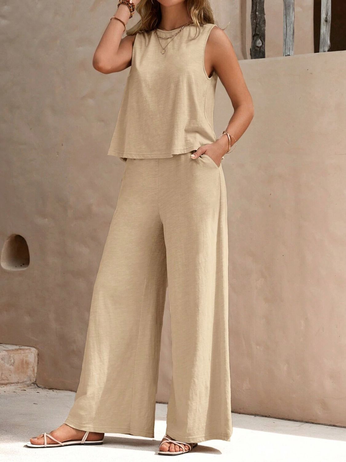 Round Neck Sleeveless Top and Wide Leg Pants Set-TOPS / DRESSES-[Adult]-[Female]-Beige-S-2022 Online Blue Zone Planet