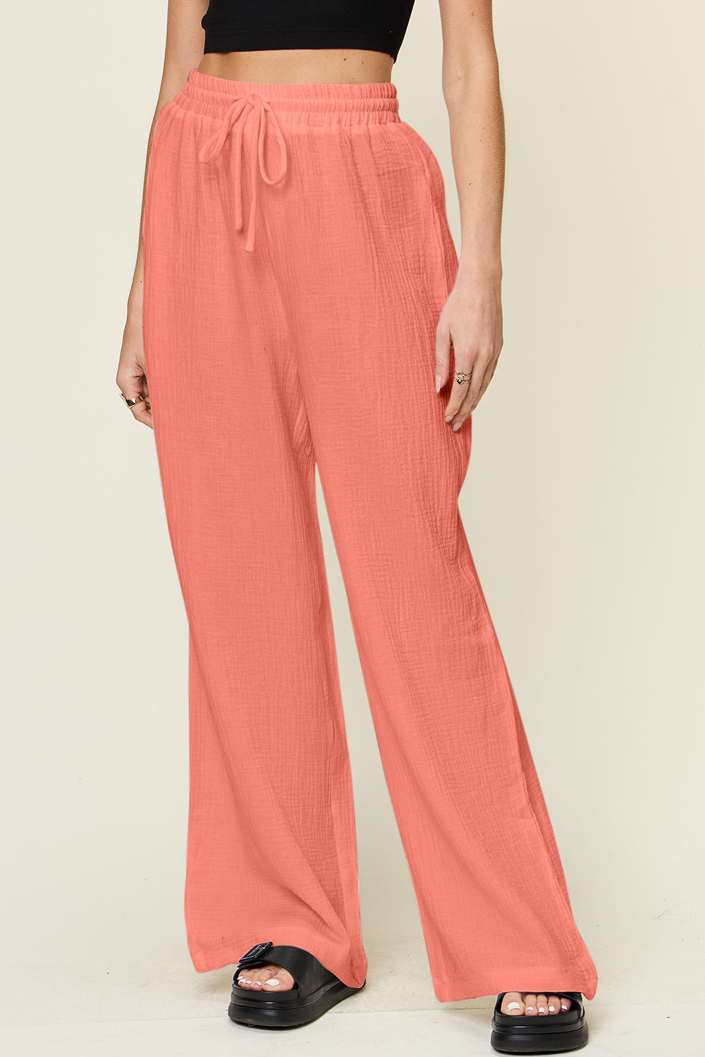 Double Take Full Size Texture Drawstring Wide Leg Pants-BOTTOMS SIZES SMALL MEDIUM LARGE-[Adult]-[Female]-Watermelon pink-S-2022 Online Blue Zone Planet