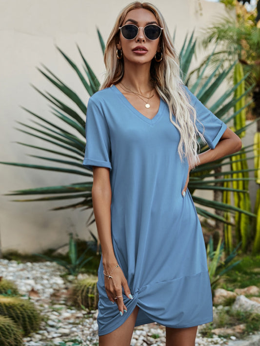 V-Neck Short Sleeve Mini Dress-TOPS / DRESSES-[Adult]-[Female]-2022 Online Blue Zone Planet