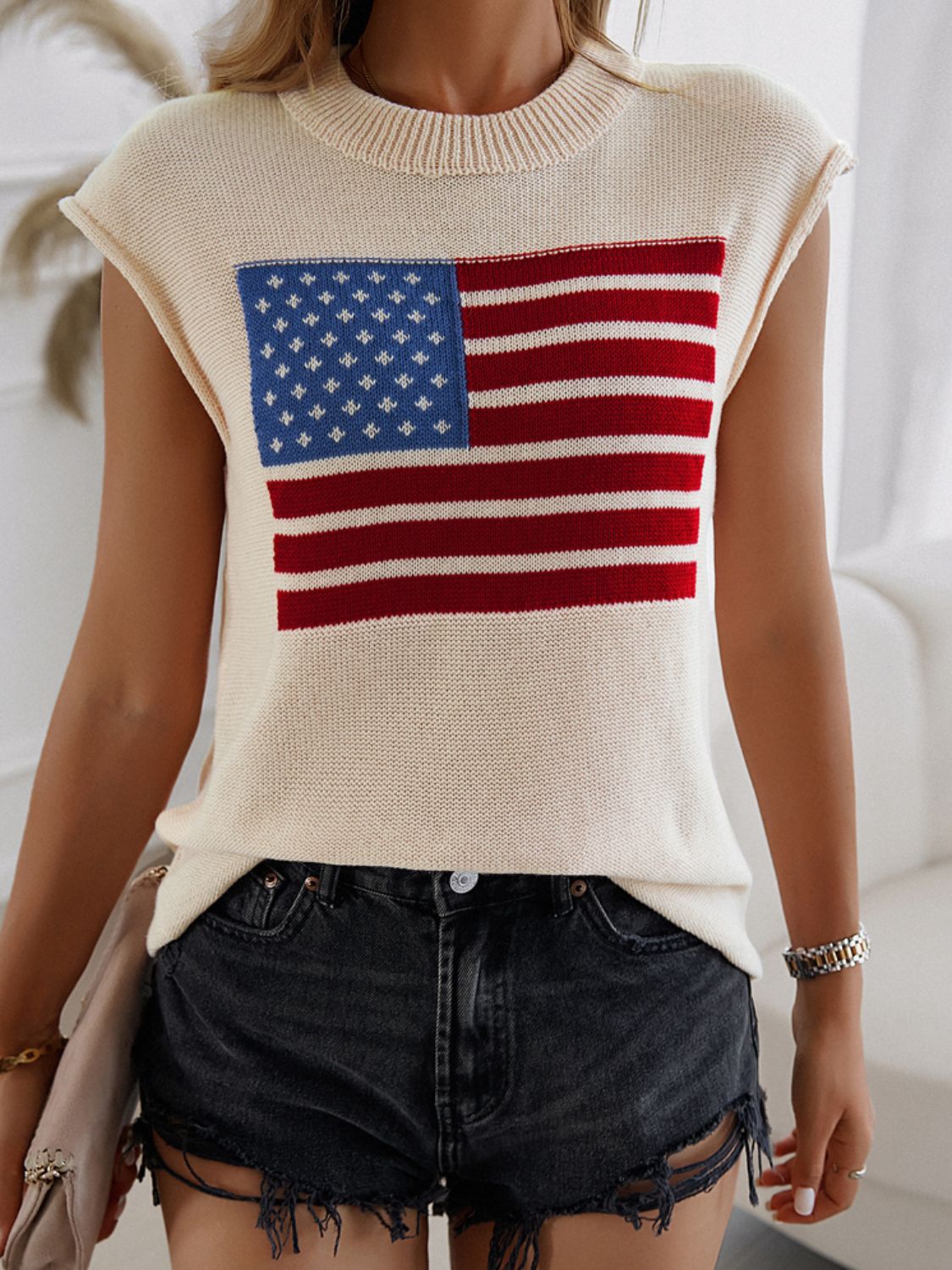 Blue Zone Planet | Devine US Flag Round Neck Sweater Vest-TOPS / DRESSES-[Adult]-[Female]-2022 Online Blue Zone Planet