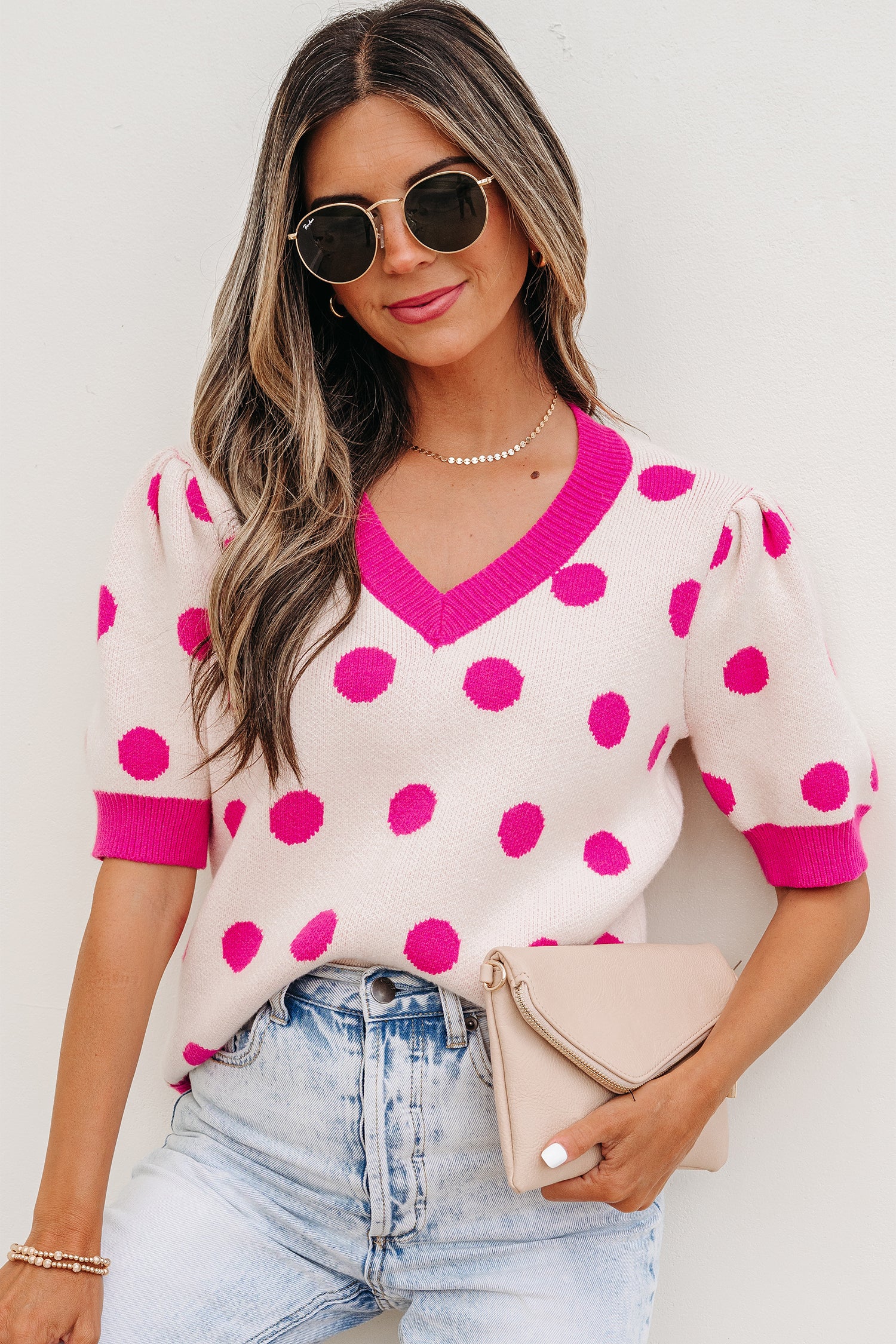 Rose Red Polka Dot Puff Short Sleeve Sweater Top-Sweaters & Cardigans/Short Sleeve Sweaters-[Adult]-[Female]-2022 Online Blue Zone Planet