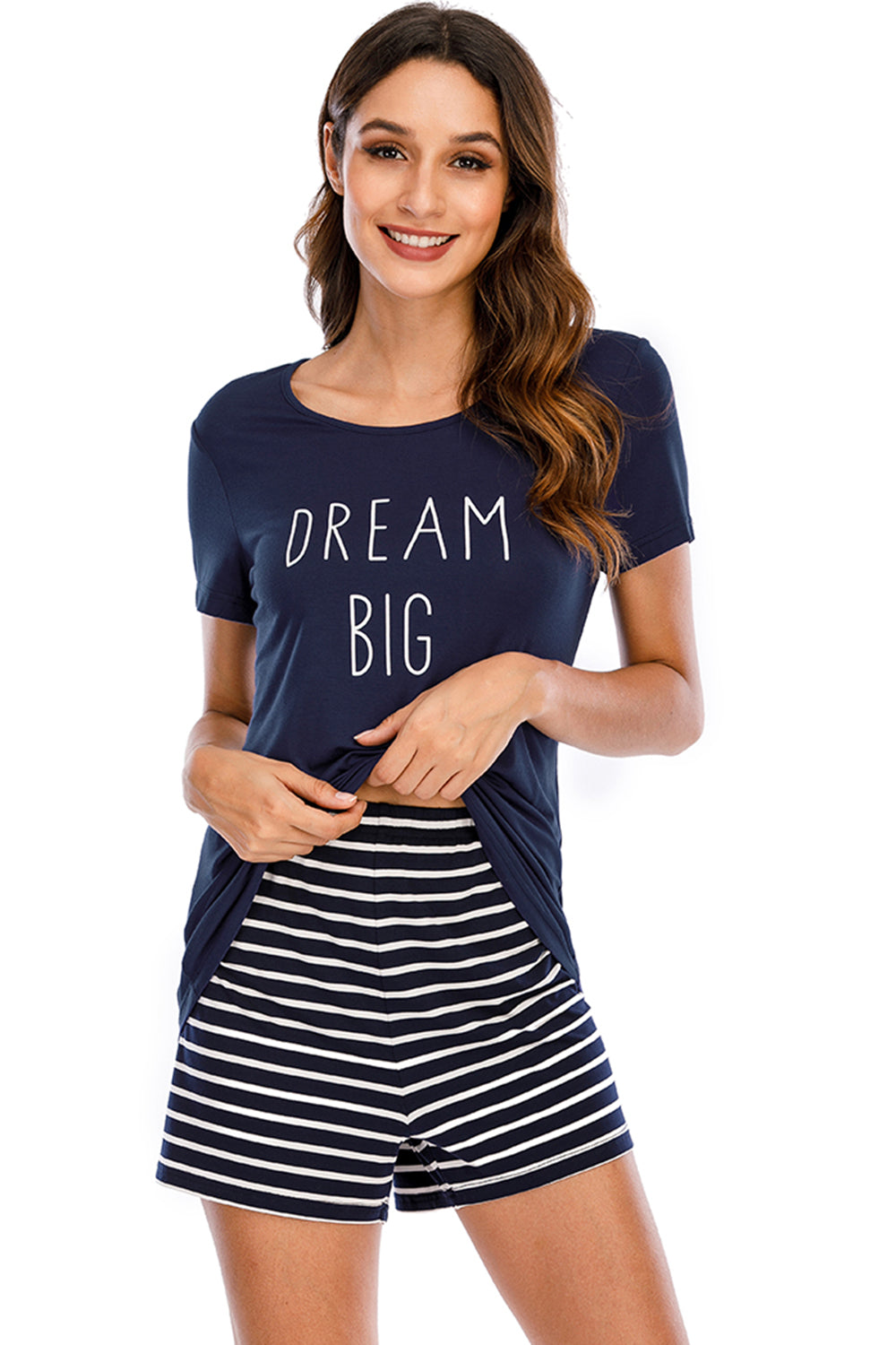 Graphic Round Neck Top and Striped Shorts Lounge Set-TOPS / DRESSES-[Adult]-[Female]-2022 Online Blue Zone Planet