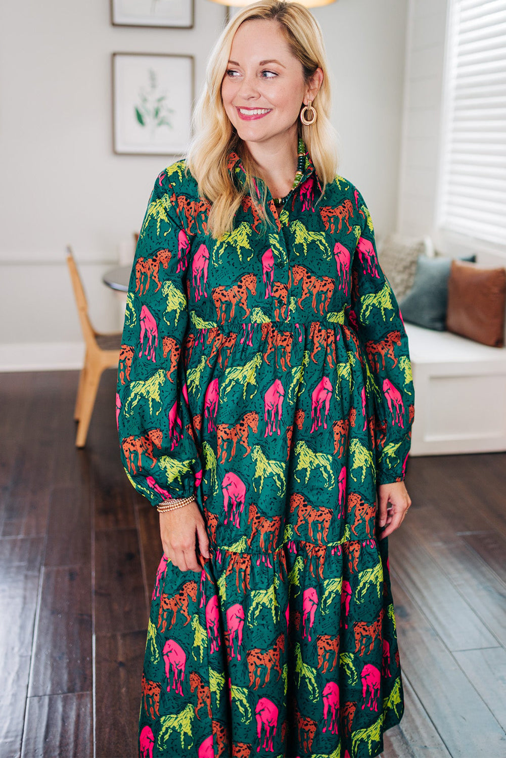 Blue Zone Planet | Green Horse Printed Long Sleeve Collared Buttoned Plus Size Midi Dress-TOPS / DRESSES-[Adult]-[Female]-2022 Online Blue Zone Planet