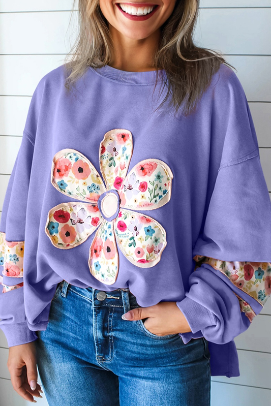 Wisteria Floral Applique Baggy Pullover Sweatshirt-Tops/Sweatshirts & Hoodies-[Adult]-[Female]-Wisteria-S-2022 Online Blue Zone Planet