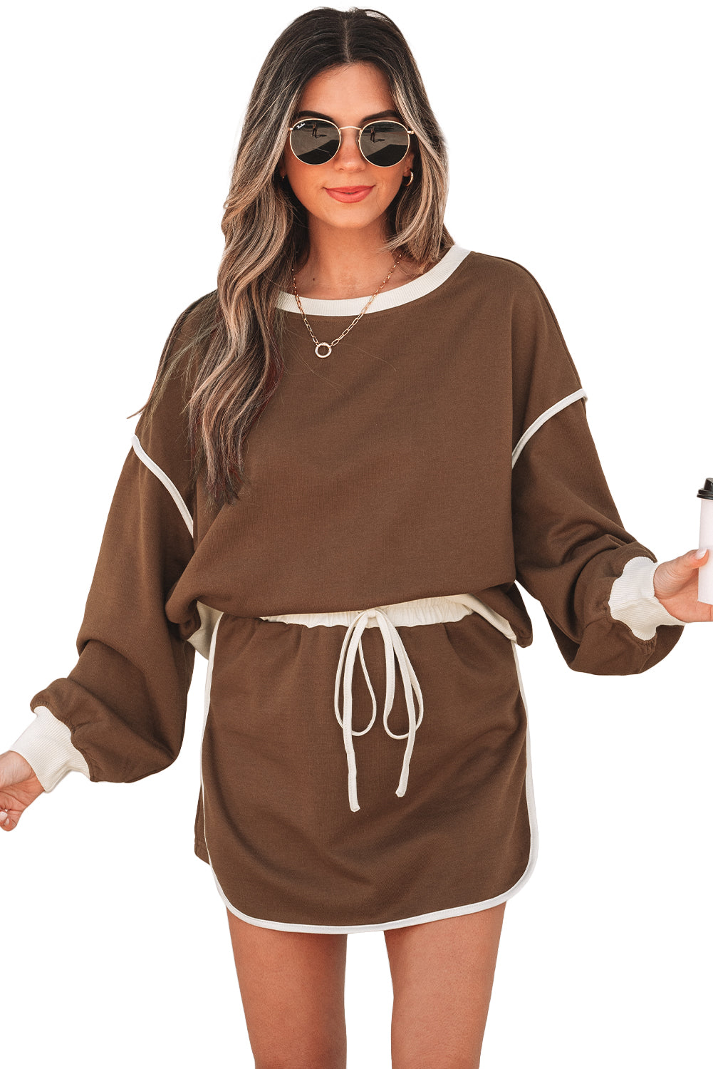 Blue Zone Planet | Rose Red Color Contrast Loose Pullover And Lace-Up Waist Skort Set-Two Piece Sets/Two Piece Dresses-[Adult]-[Female]-2022 Online Blue Zone Planet