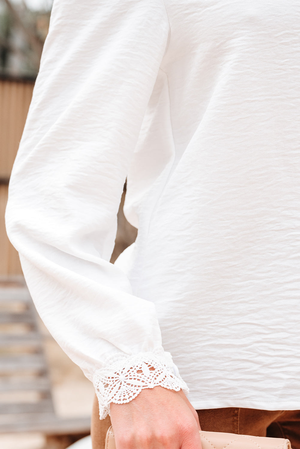 White Lace Patchwork Buttoned Stand Neck Loose Shirt-Tops/Blouses & Shirts-[Adult]-[Female]-2022 Online Blue Zone Planet