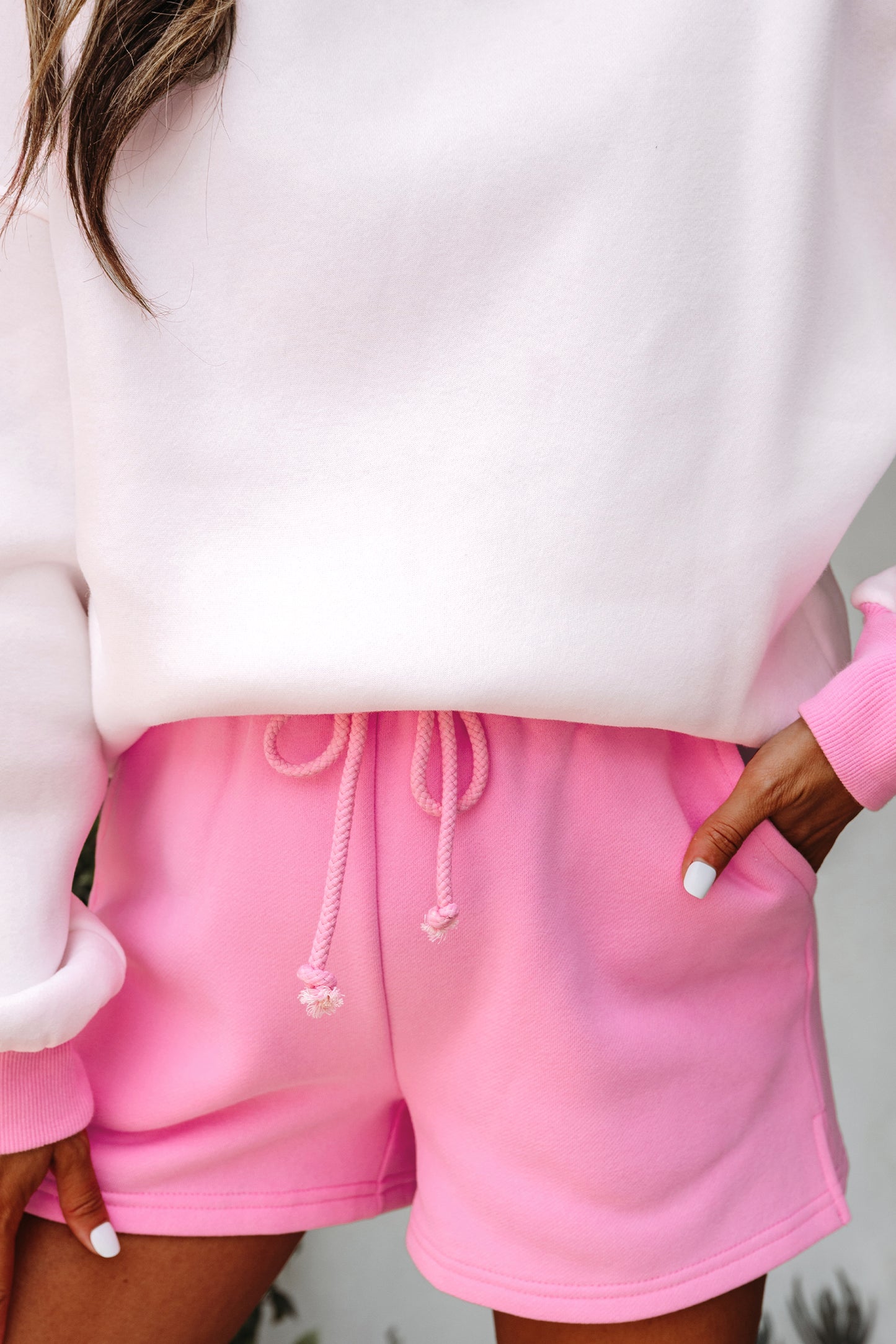 Strawberry Pink Color Block Pullover and Lace-up Elastic Waist Shorts Set-Two Piece Sets/Short Sets-[Adult]-[Female]-2022 Online Blue Zone Planet