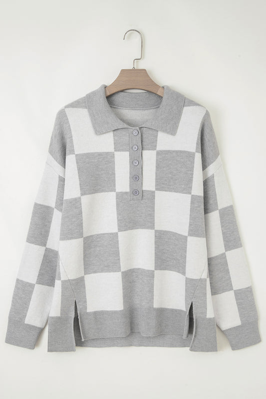 Gray Plus Size Checkered Pattern Button Polo Collar Split Sweater-TOPS / DRESSES-[Adult]-[Female]-2022 Online Blue Zone Planet