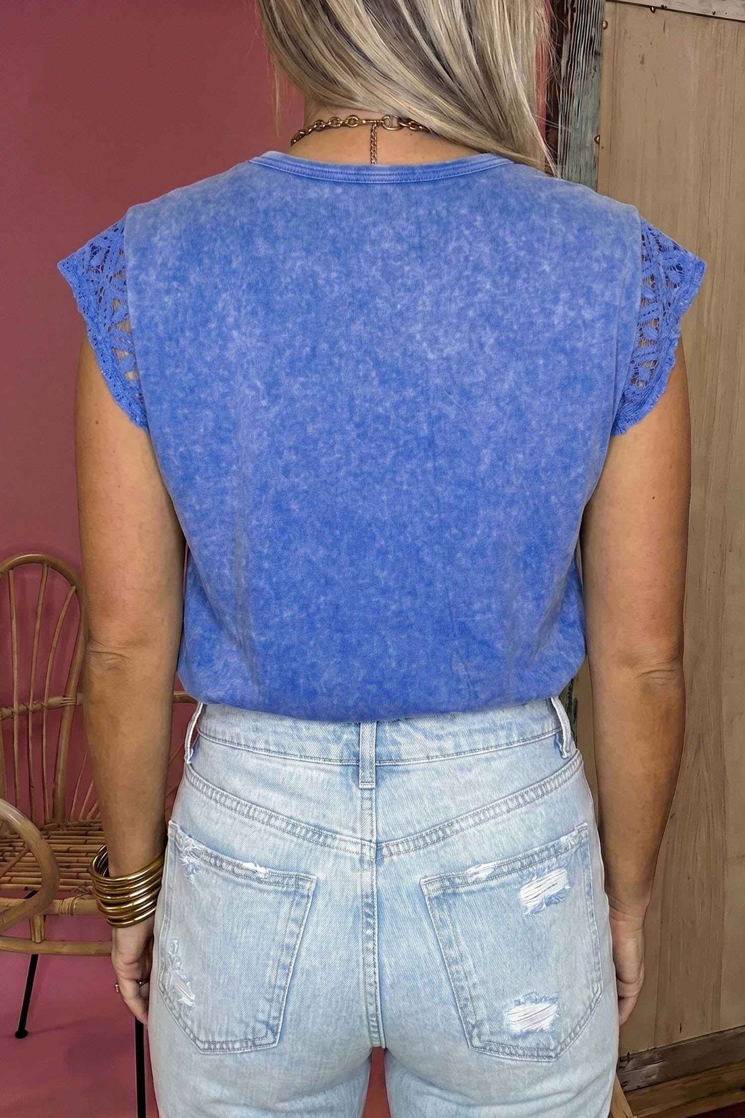 Sky Blue Mineral Wash Raw Seam Lace Sleeve Cotton Tee-Tops/Tops & Tees-[Adult]-[Female]-2022 Online Blue Zone Planet