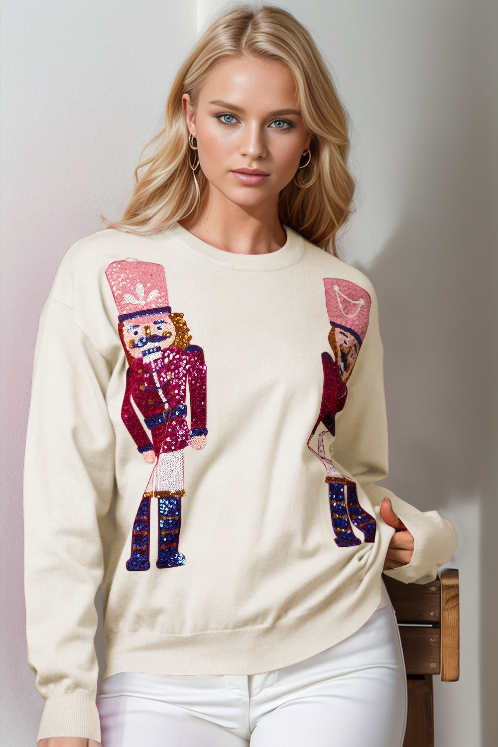 Blue Zone Planet | Double Take Full Size Nutcracker Sequin Long Sleeve Sweater-TOPS / DRESSES-[Adult]-[Female]-Ivory-S/M-2022 Online Blue Zone Planet