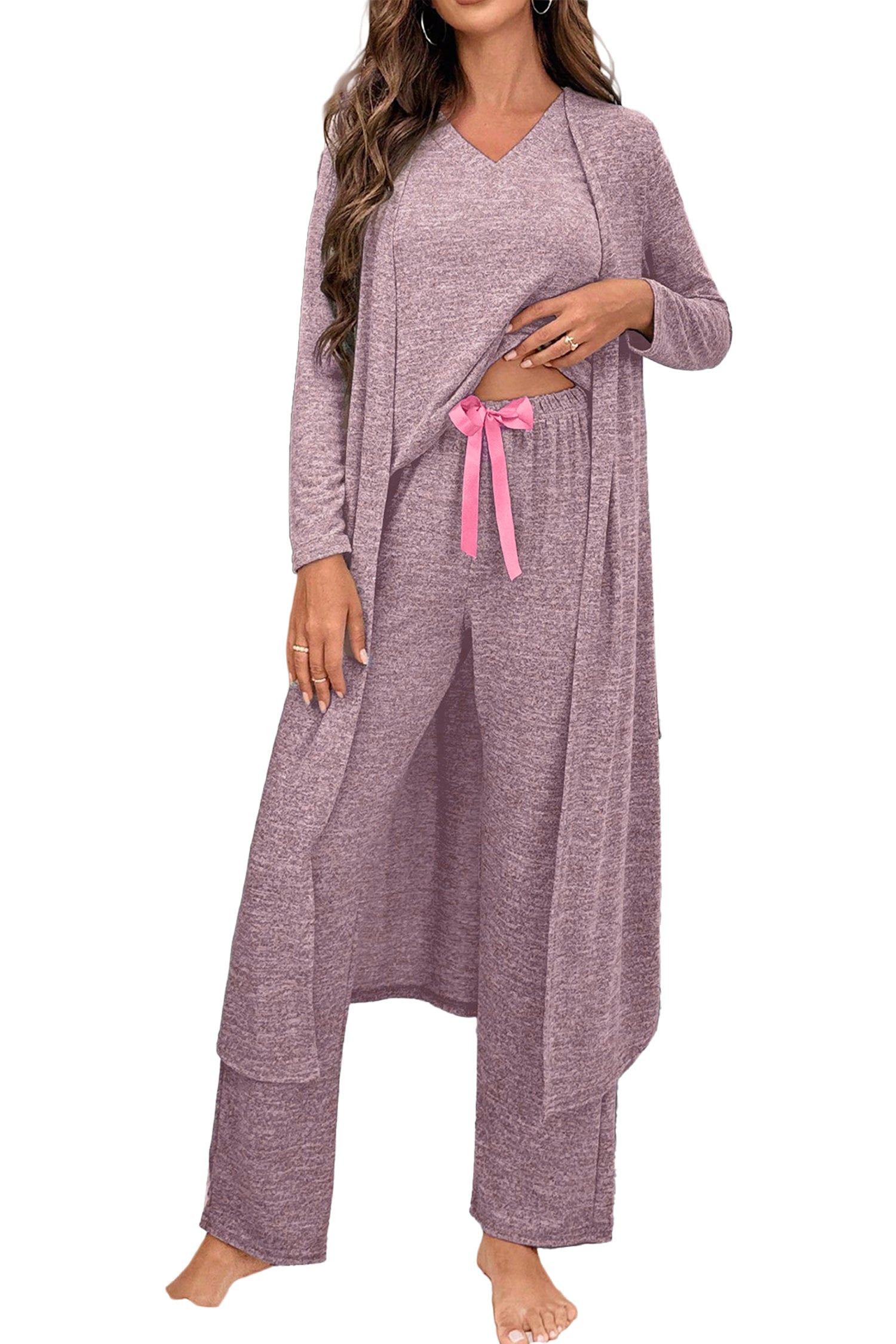 Delicacy 3pcs V Neck T Shirt Ribbon Knot Pants Open Duster 3pcs Lounge Set-Loungewear & Sleepwear/Loungewear-[Adult]-[Female]-2022 Online Blue Zone Planet