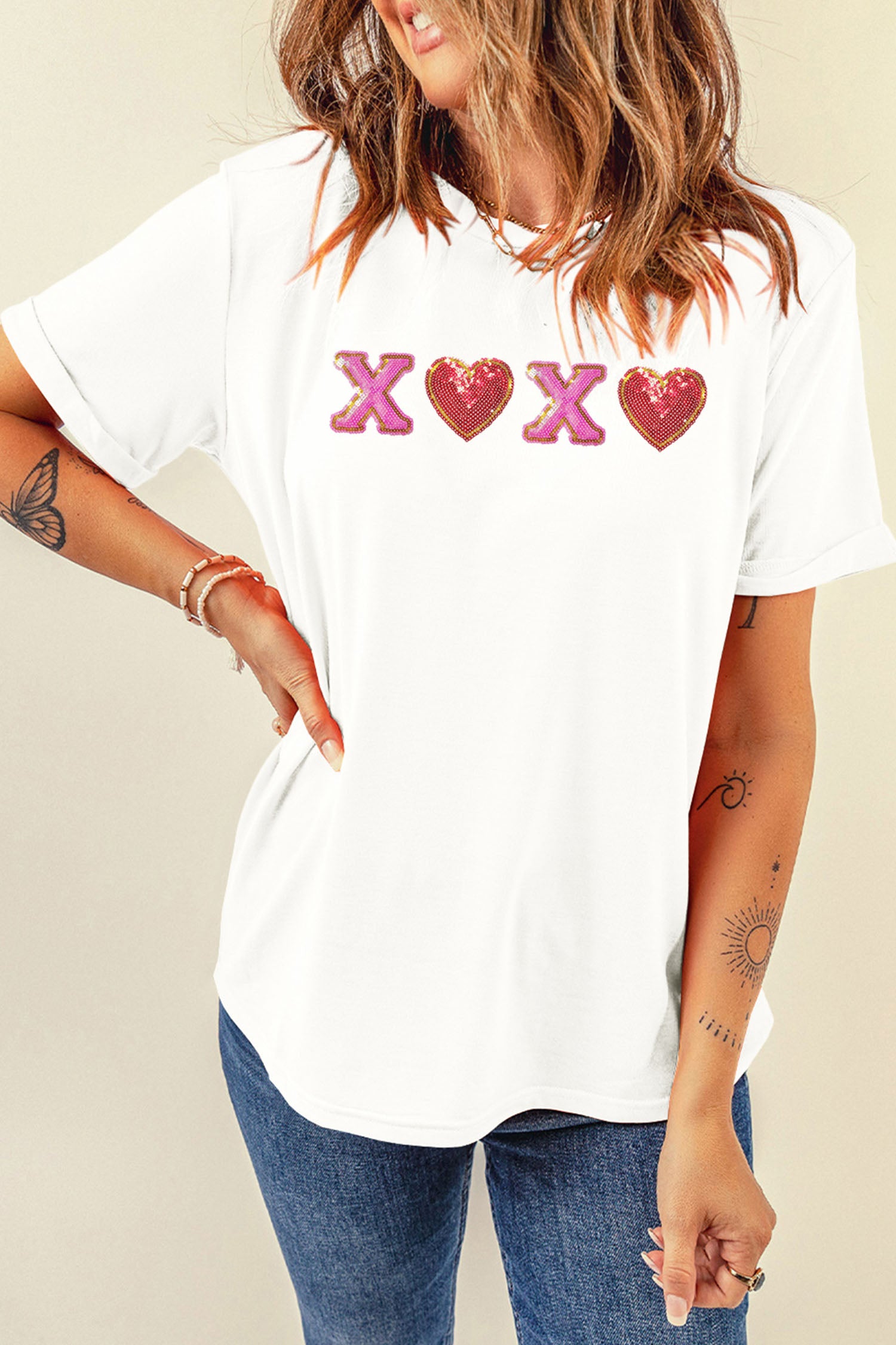 White Xoxo Sequin Heart Patched Valentines Day Cuffed T Shirt-Graphic Tees-[Adult]-[Female]-2022 Online Blue Zone Planet