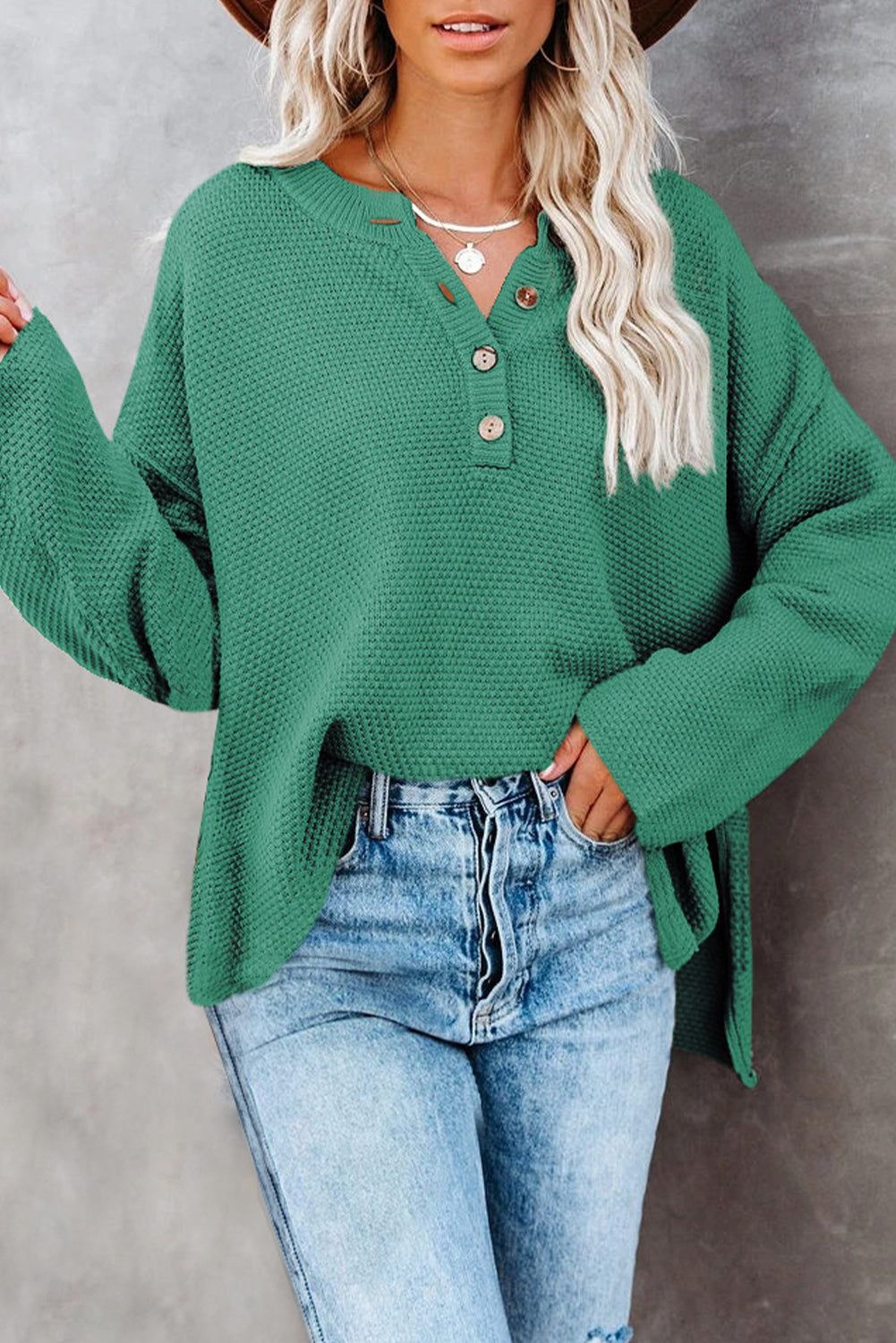 Green-2 Henley Pullover Drop Shoulder Sweater with Slits-TOPS / DRESSES-[Adult]-[Female]-2022 Online Blue Zone Planet