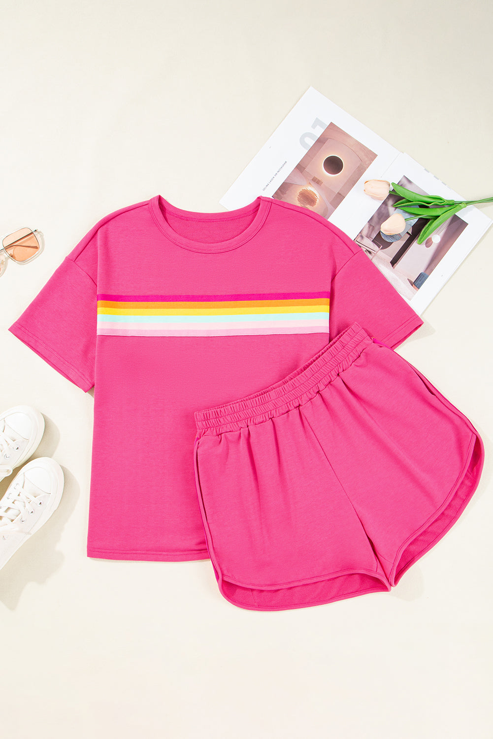 Rose Red Vibrant Striped Detail Athleisure 2pcs Short Set-Two Piece Sets/Short Sets-[Adult]-[Female]-2022 Online Blue Zone Planet