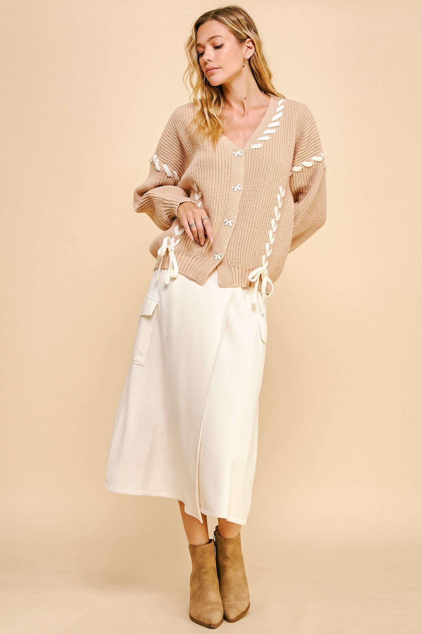 Davi & Dani Lace-Up Ribbon Bow Button Down Cardigan-TOPS / DRESSES-[Adult]-[Female]-2022 Online Blue Zone Planet