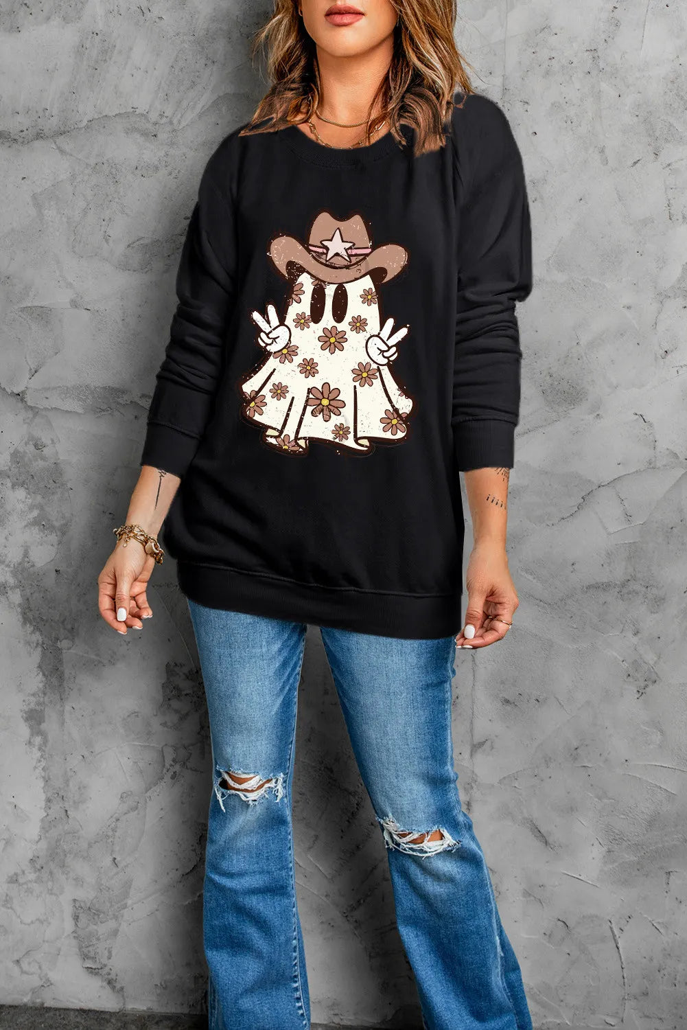 Ghost Round Neck Long Sleeve Sweatshirt-TOPS / DRESSES-[Adult]-[Female]-2022 Online Blue Zone Planet