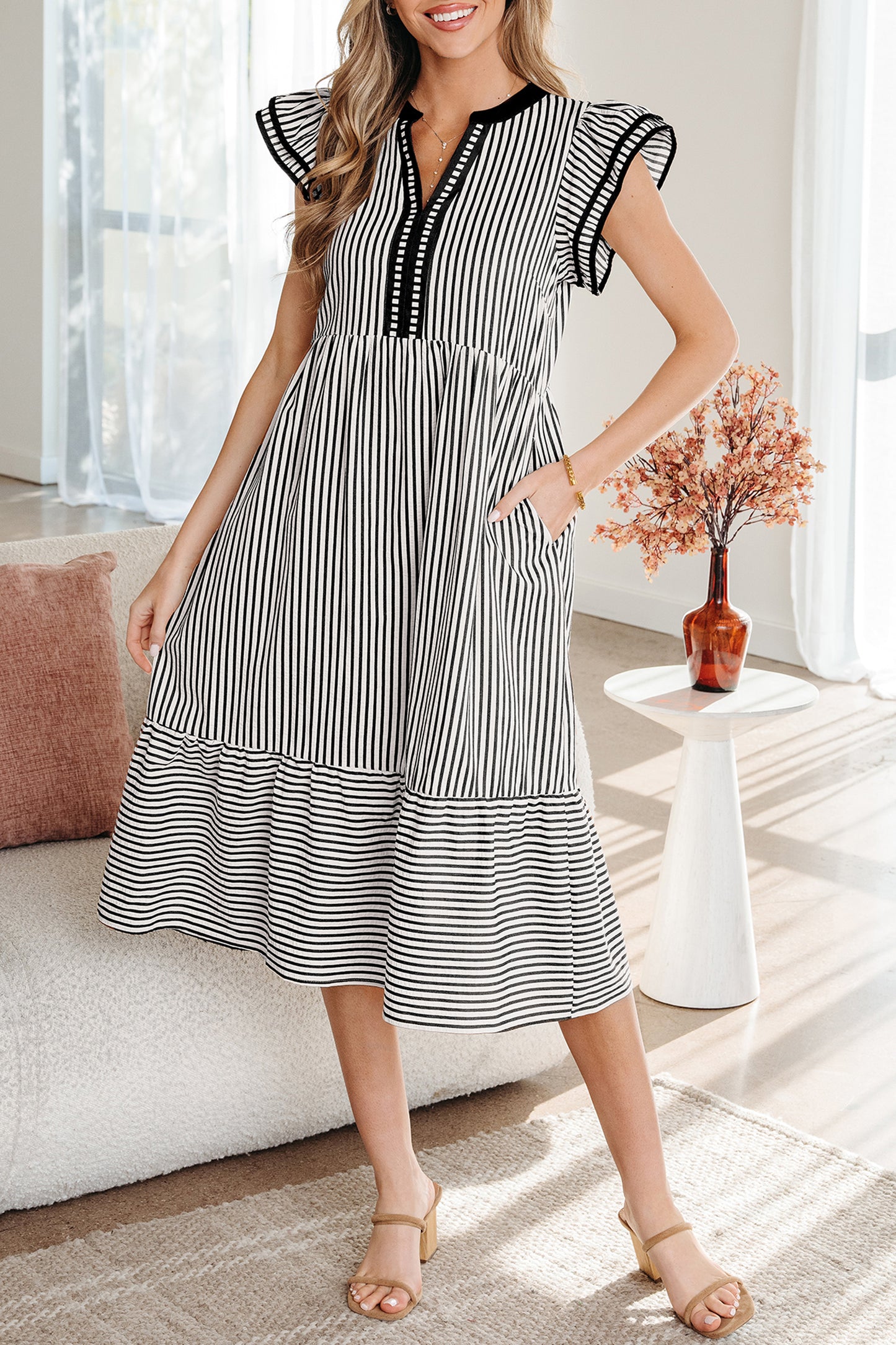 Black Stripe Double Ruffled Short Sleeve Contrast Trim V Neck Midi Dress-TOPS / DRESSES-[Adult]-[Female]-2022 Online Blue Zone Planet