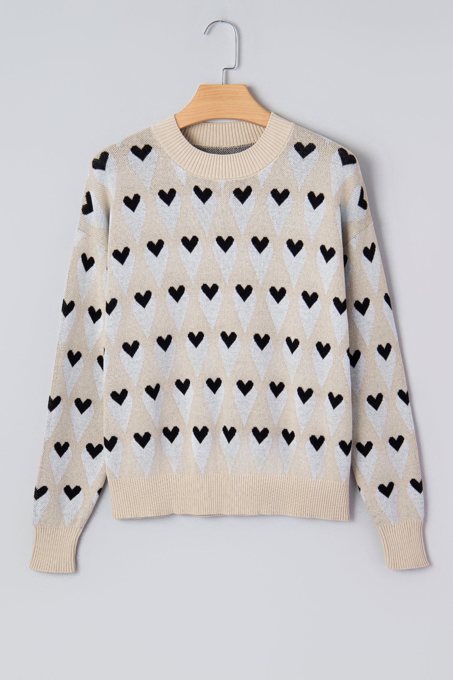 Parchment Geometric Heart Print Ribbed Trim Loose Sweater-TOPS / DRESSES-[Adult]-[Female]-2022 Online Blue Zone Planet