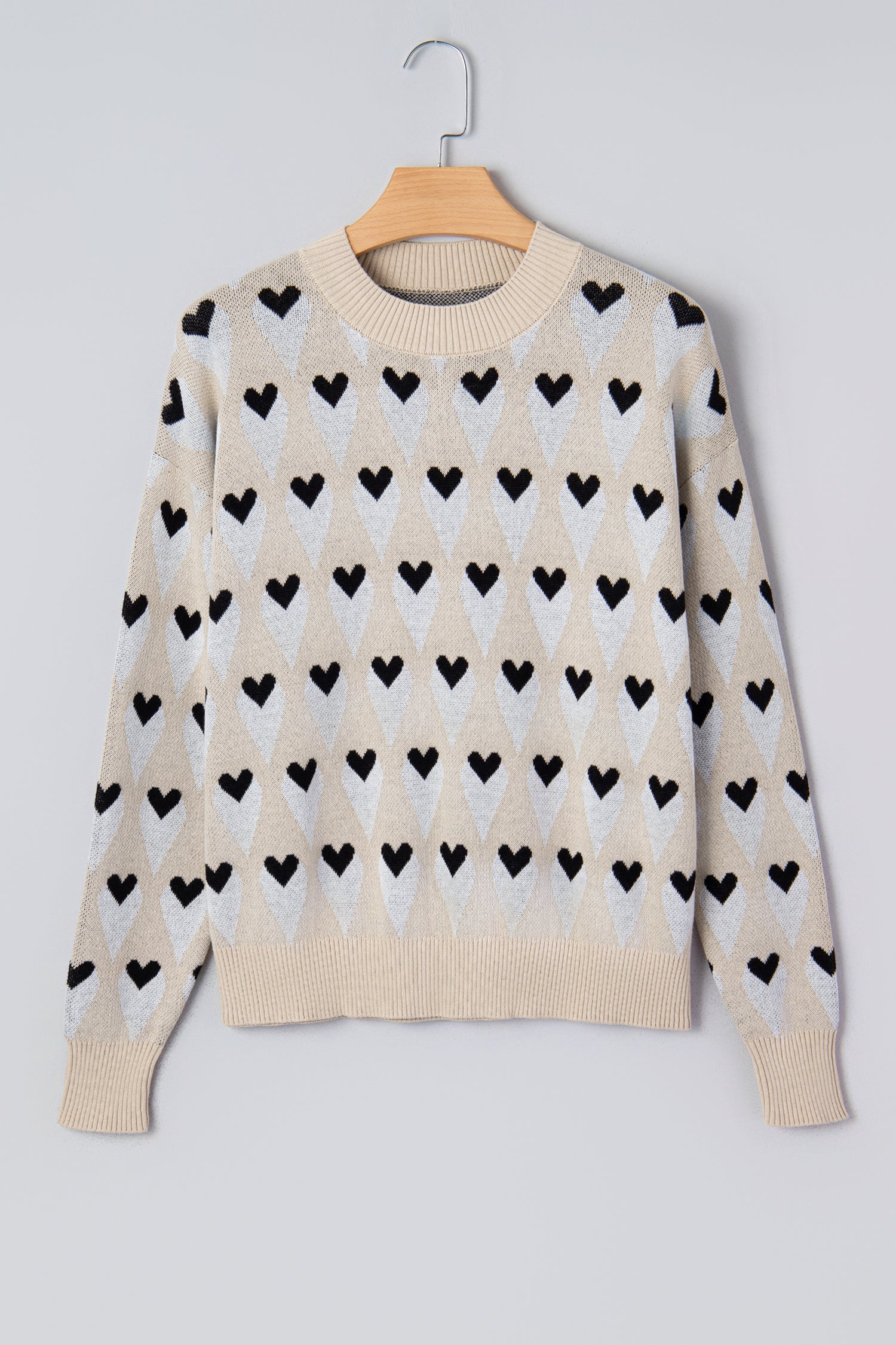 Parchment Geometric Heart Print Ribbed Trim Loose Sweater-TOPS / DRESSES-[Adult]-[Female]-2022 Online Blue Zone Planet