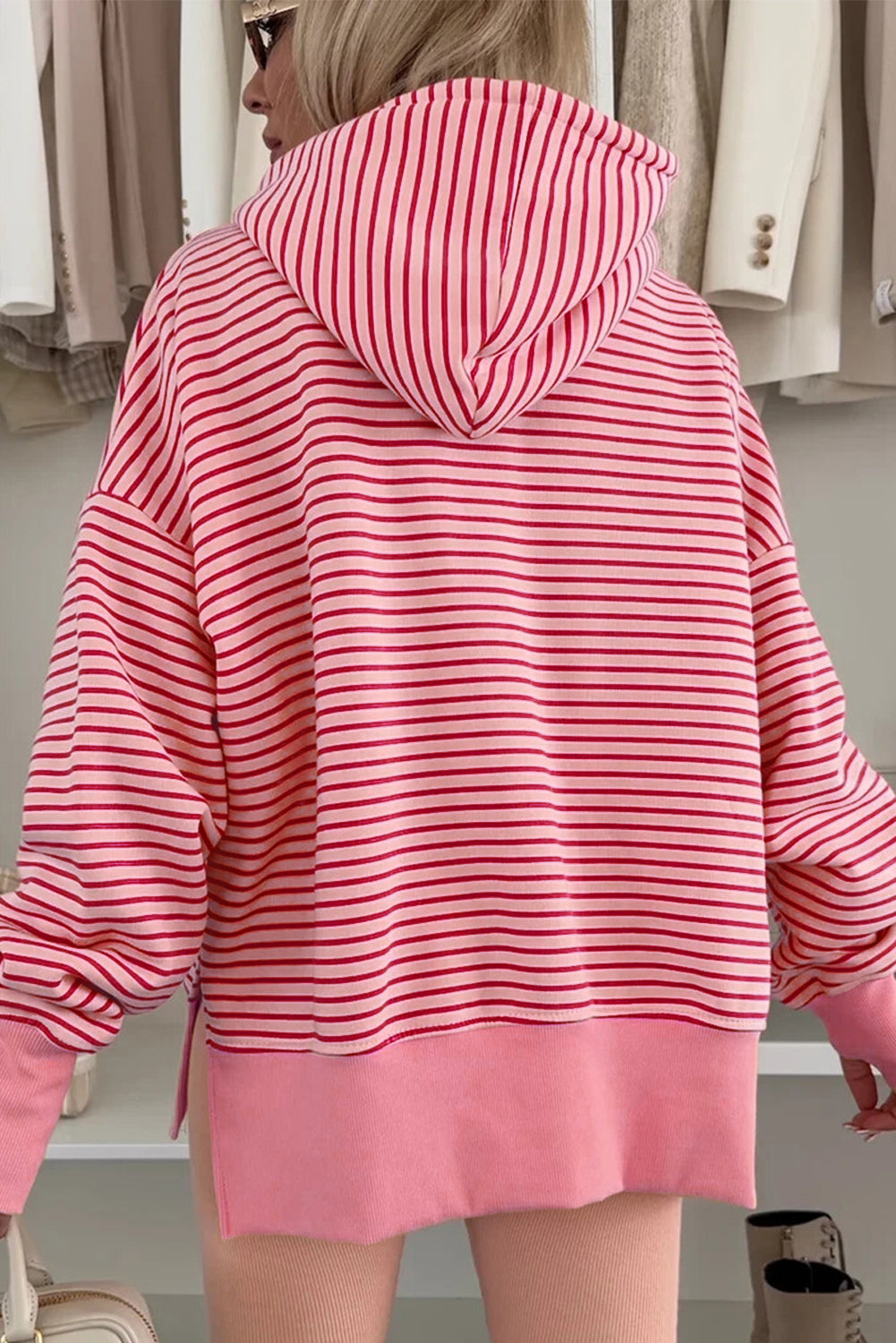 Rose Stripe Thumbhole Side Slits Drop Shoulder Loose Fit Hoodie-Tops / Dresses-[Adult]-[Female]-2022 Online Blue Zone Planet