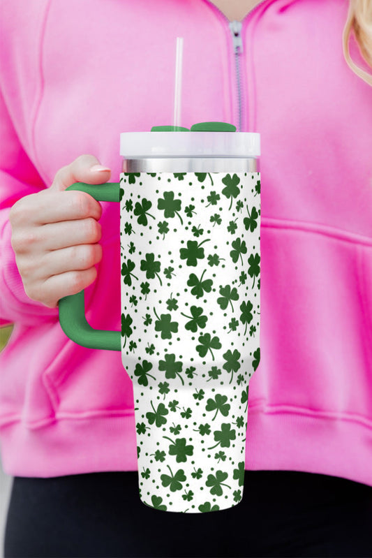 Dark Green Clover Print Thermos Cup with Handle 40oz-Accessories/Tumblers-[Adult]-[Female]-Dark Green-ONE SIZE-2022 Online Blue Zone Planet