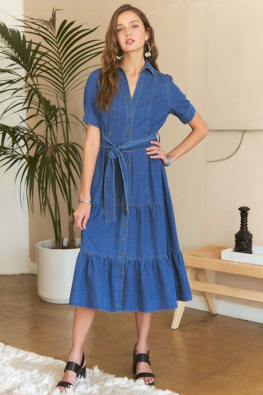 ADORA Tiered Button Down Tie Waist Short Sleeve Denim Dress-TOPS / DRESSES-[Adult]-[Female]-2022 Online Blue Zone Planet
