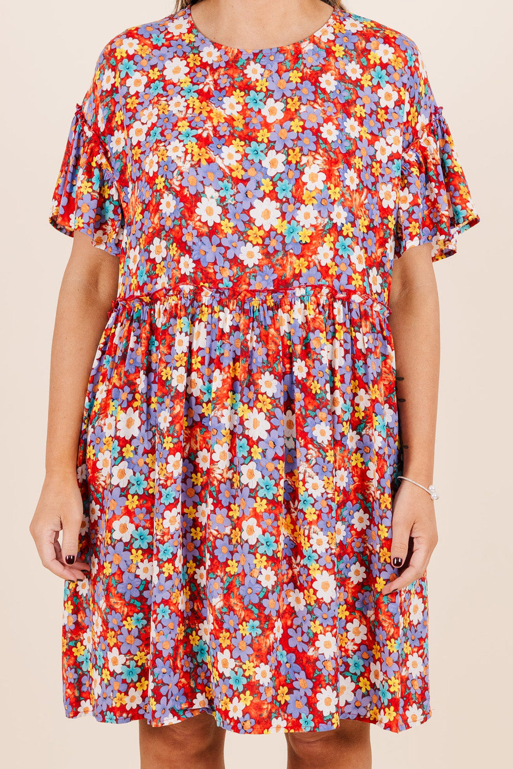 Red Flower Print Frill Waist Plus Size Mini Dress-Plus Size Dresses-[Adult]-[Female]-2022 Online Blue Zone Planet