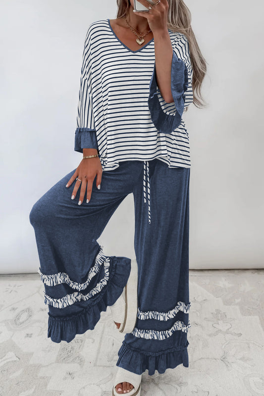 Blue Stripe V Neck Ruffle Contrast Sleeve Top Drawstring Pants 2pcs Set-Two Piece Sets/Pant Sets-[Adult]-[Female]-Blue Stripe-S-2022 Online Blue Zone Planet