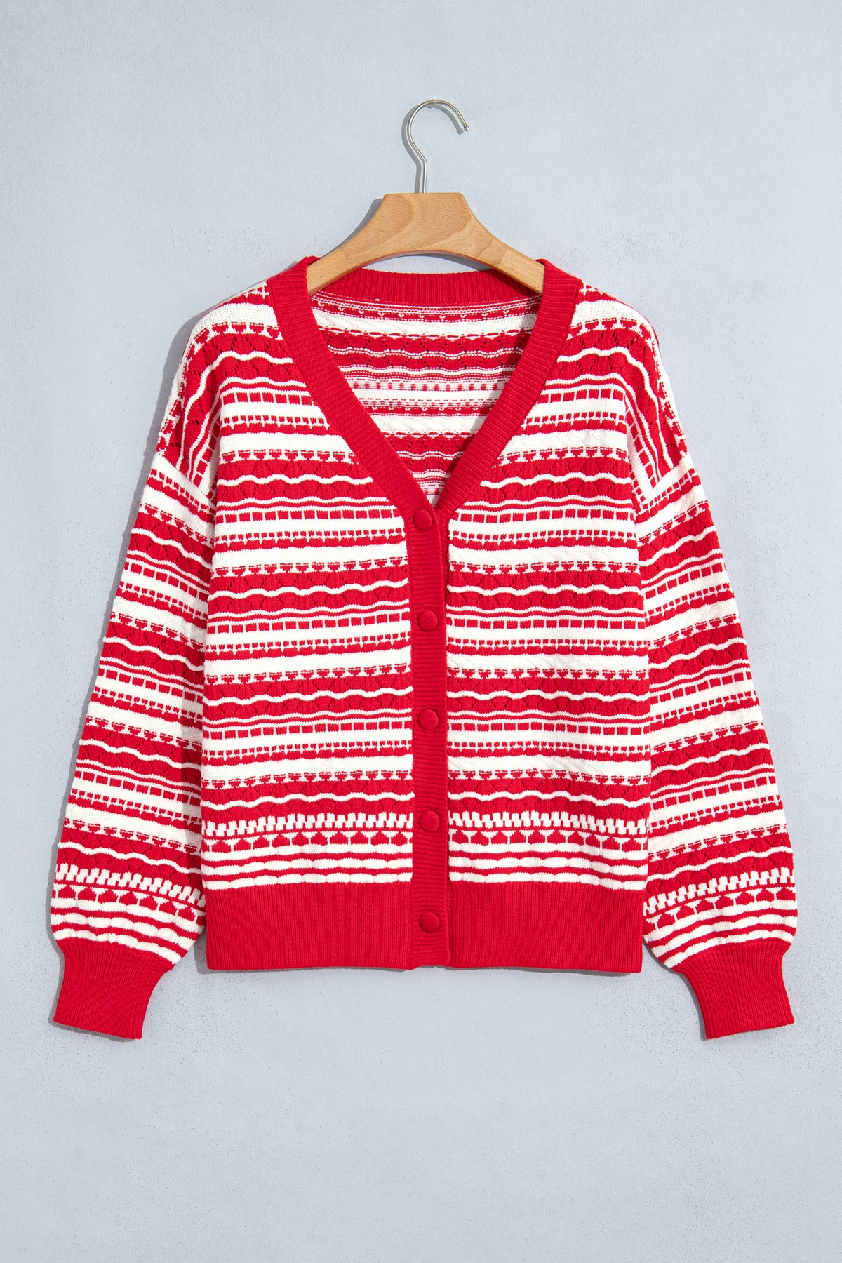 Red Geometric Striped Pattern V Neck Button Front Casual Knit Cardigan-Sweaters & Cardigans/Cardigans-[Adult]-[Female]-2022 Online Blue Zone Planet