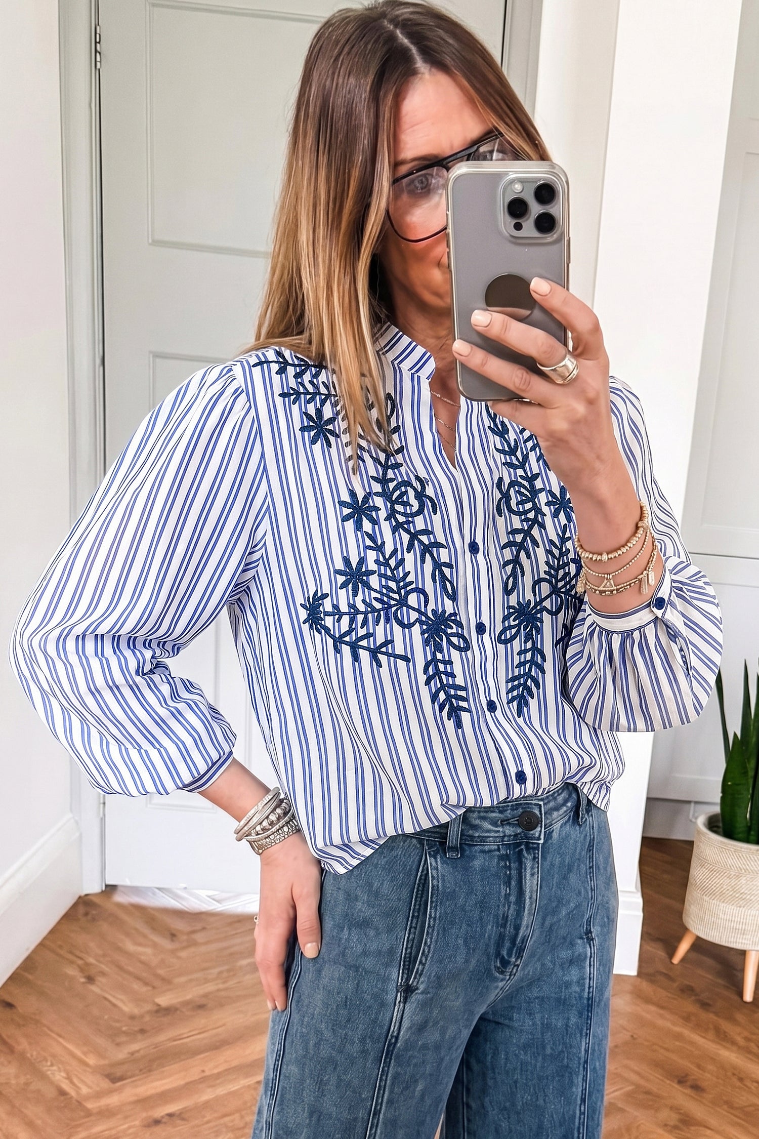 Blue Stripe Embroidered Detail Button Front Long Sleeve Shirt-Tops/Blouses & Shirts-[Adult]-[Female]-2022 Online Blue Zone Planet