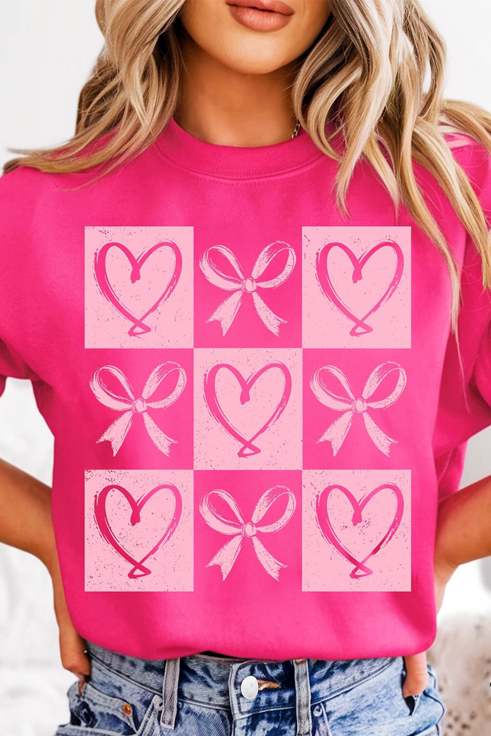 Bonbon Heart Shape Bow Checker Graphic Valentine Drop Shoulder Sweatshirt-Graphic Sweatshirts-[Adult]-[Female]-2022 Online Blue Zone Planet