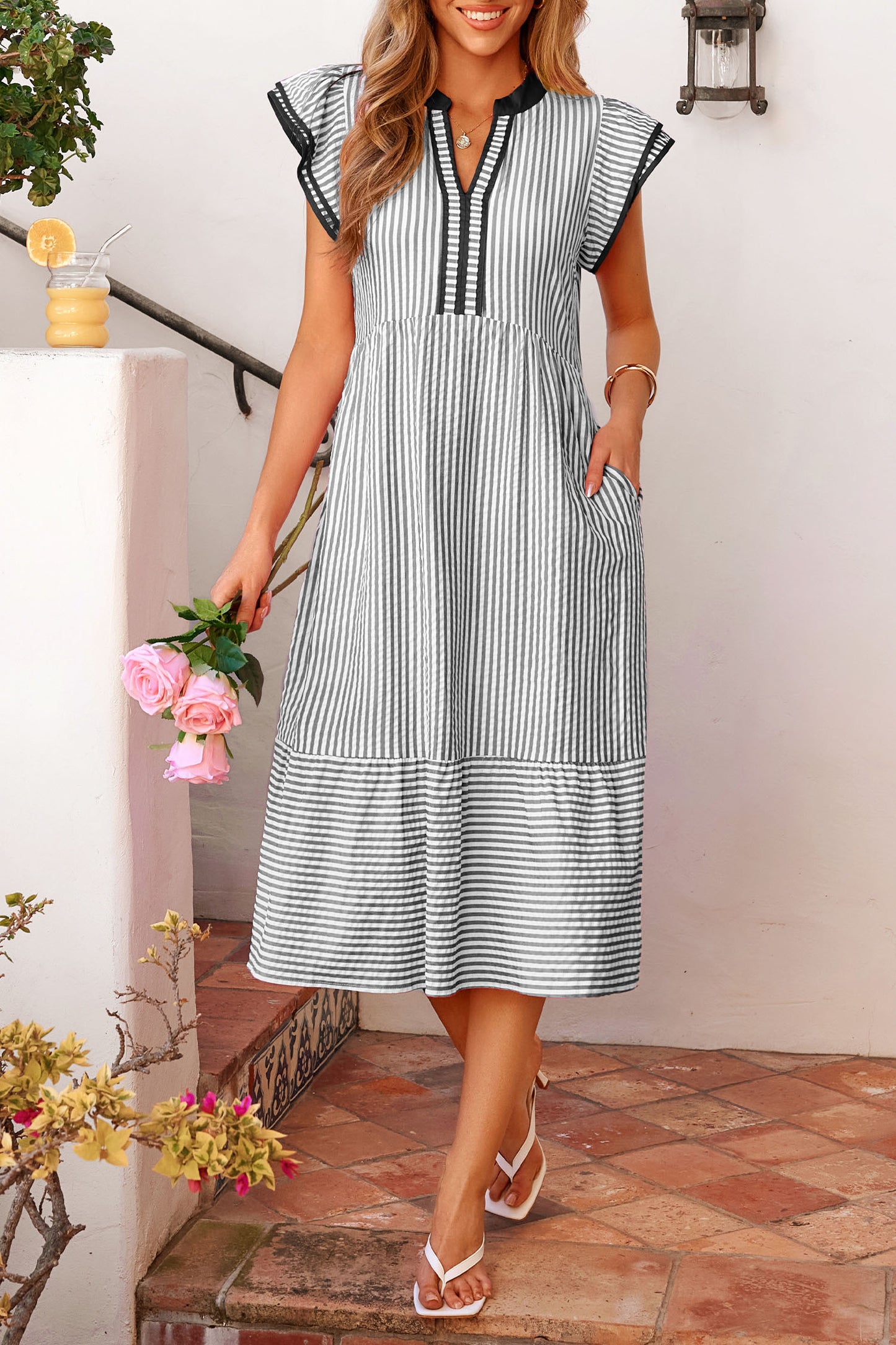 Black Stripe Contrast Trim V Neck Flutter Sleeve Casual Long Dress-TOPS / DRESSES-[Adult]-[Female]-2022 Online Blue Zone Planet