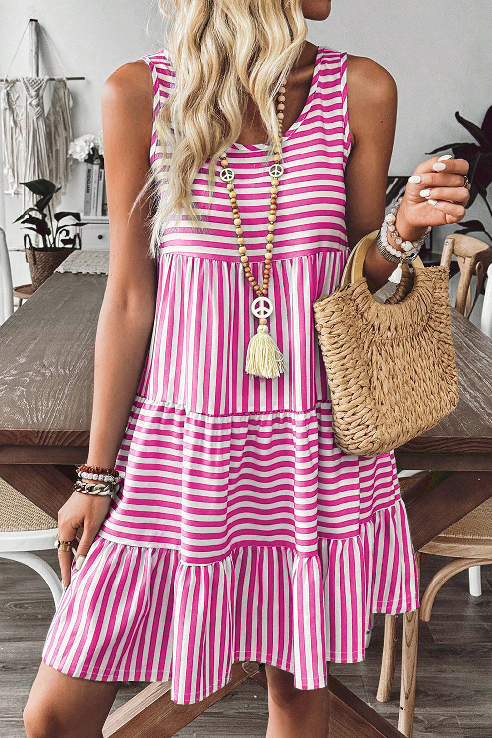 Black Stripe U Neck Sleeveless Loose Fit Mini Dress-Short Dresses-[Adult]-[Female]-Rose Stripe-L-2022 Online Blue Zone Planet