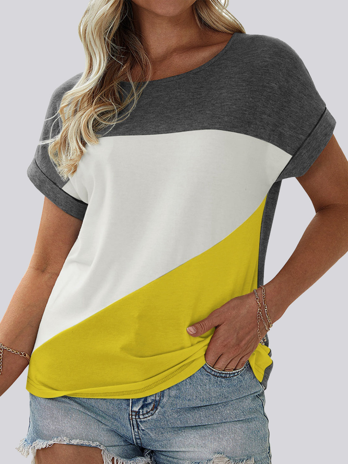 FAM-FAM Color Block Round Neck Short Sleeve T-Shirt-TOPS / DRESSES-[Adult]-[Female]-White-S-2022 Online Blue Zone Planet