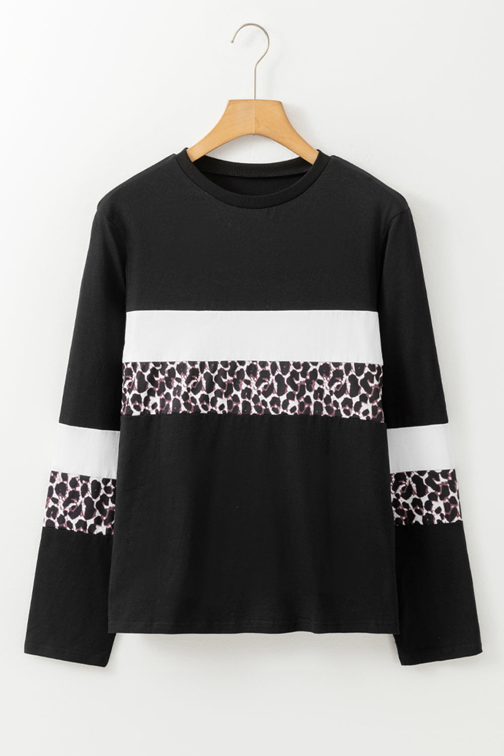 Rose Leopard Colorblock Patchwork Crew Neck Long Sleeve Tee-Tops/Long Sleeve Tops-[Adult]-[Female]-2022 Online Blue Zone Planet