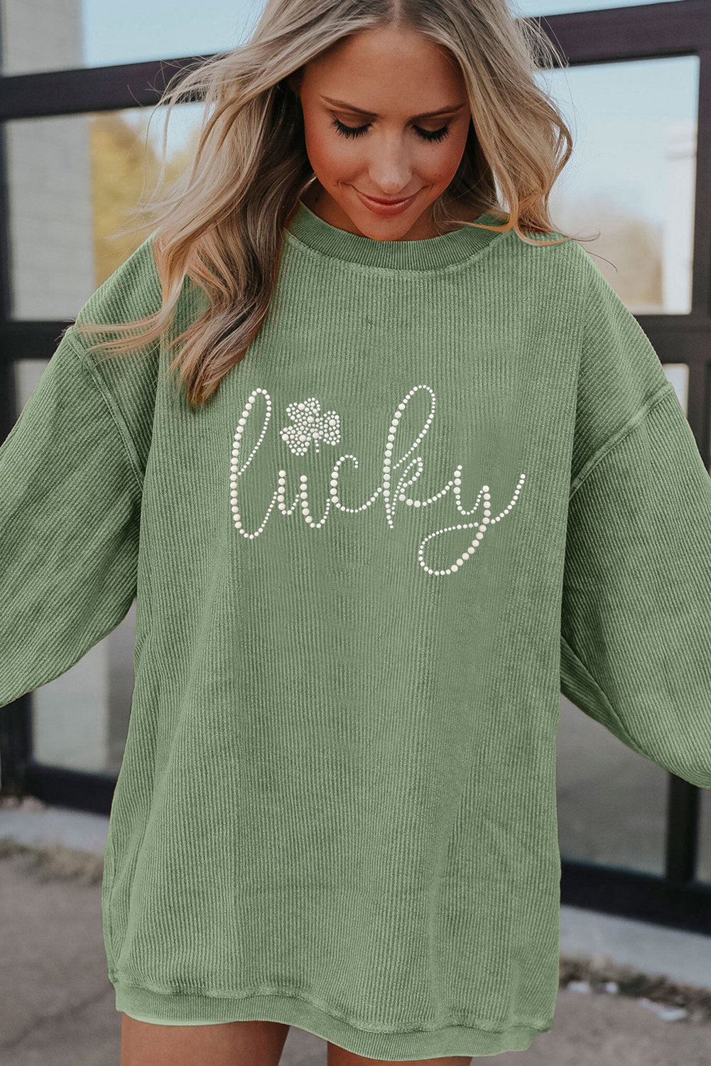 Grass Green Rhinestone lucky Clover Graphic Ribbed St Patrick Sweatshirt-Graphic Sweatshirts-[Adult]-[Female]-2022 Online Blue Zone Planet