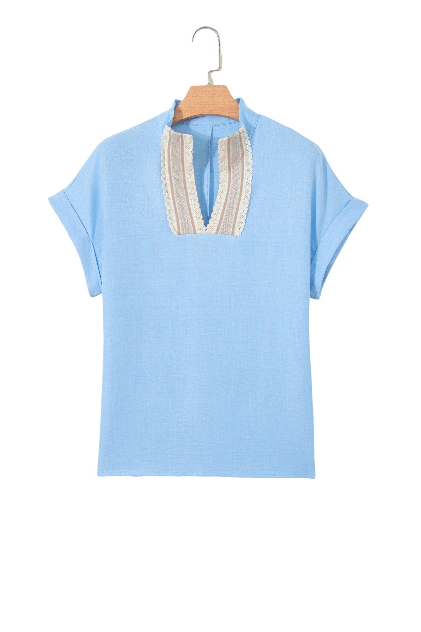 Beau Blue Crochet Lace Accent Pullover Rolled Short Sleeve Blouse-Tops/Blouses & Shirts-[Adult]-[Female]-2022 Online Blue Zone Planet