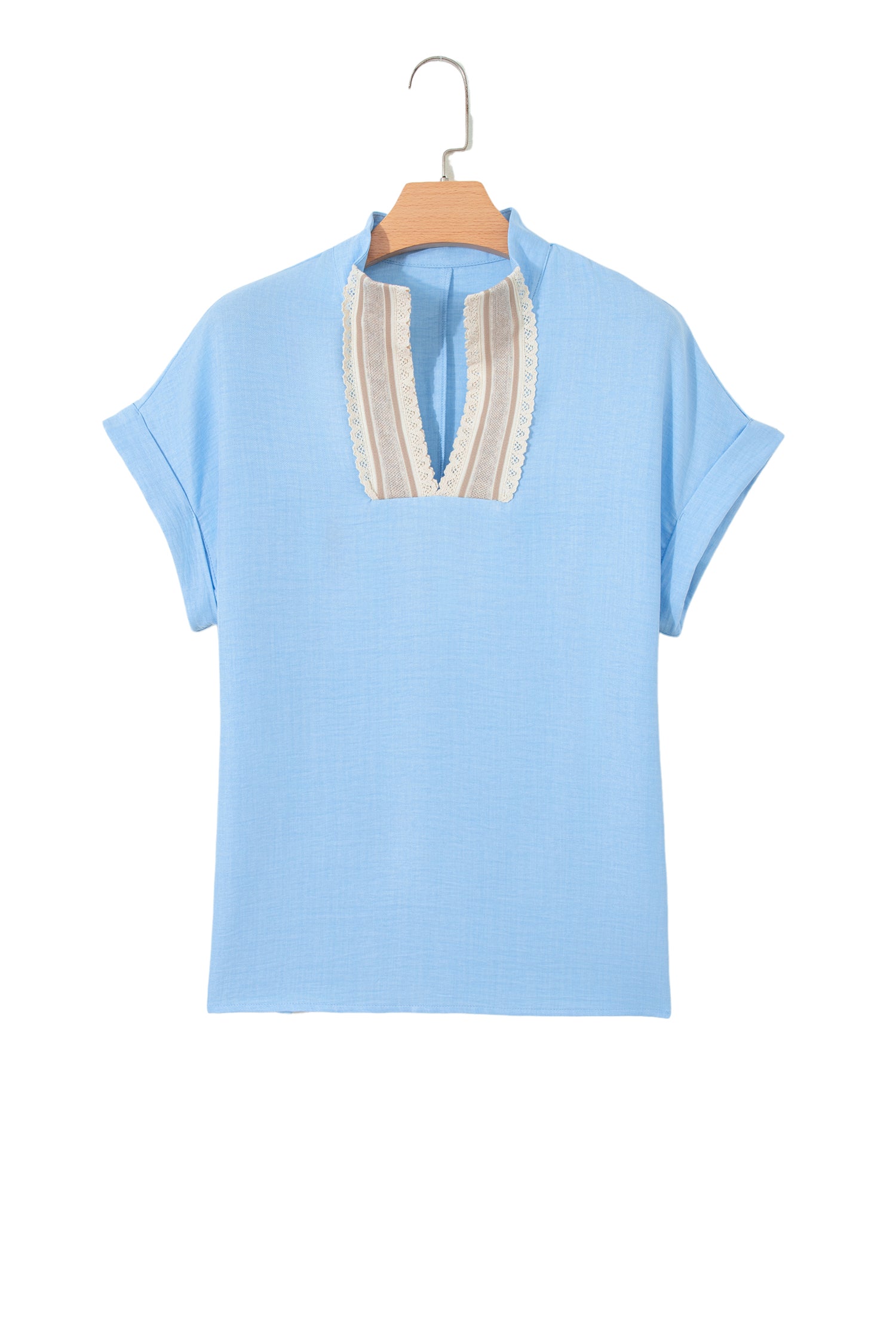 Beau Blue Crochet Lace Accent Pullover Rolled Short Sleeve Blouse-Tops/Blouses & Shirts-[Adult]-[Female]-2022 Online Blue Zone Planet