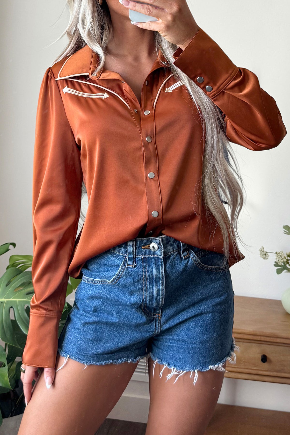 Cinnamon Silky Long Sleeve Button Front Western Fashion Shirt-Tops/Blouses & Shirts-[Adult]-[Female]-2022 Online Blue Zone Planet