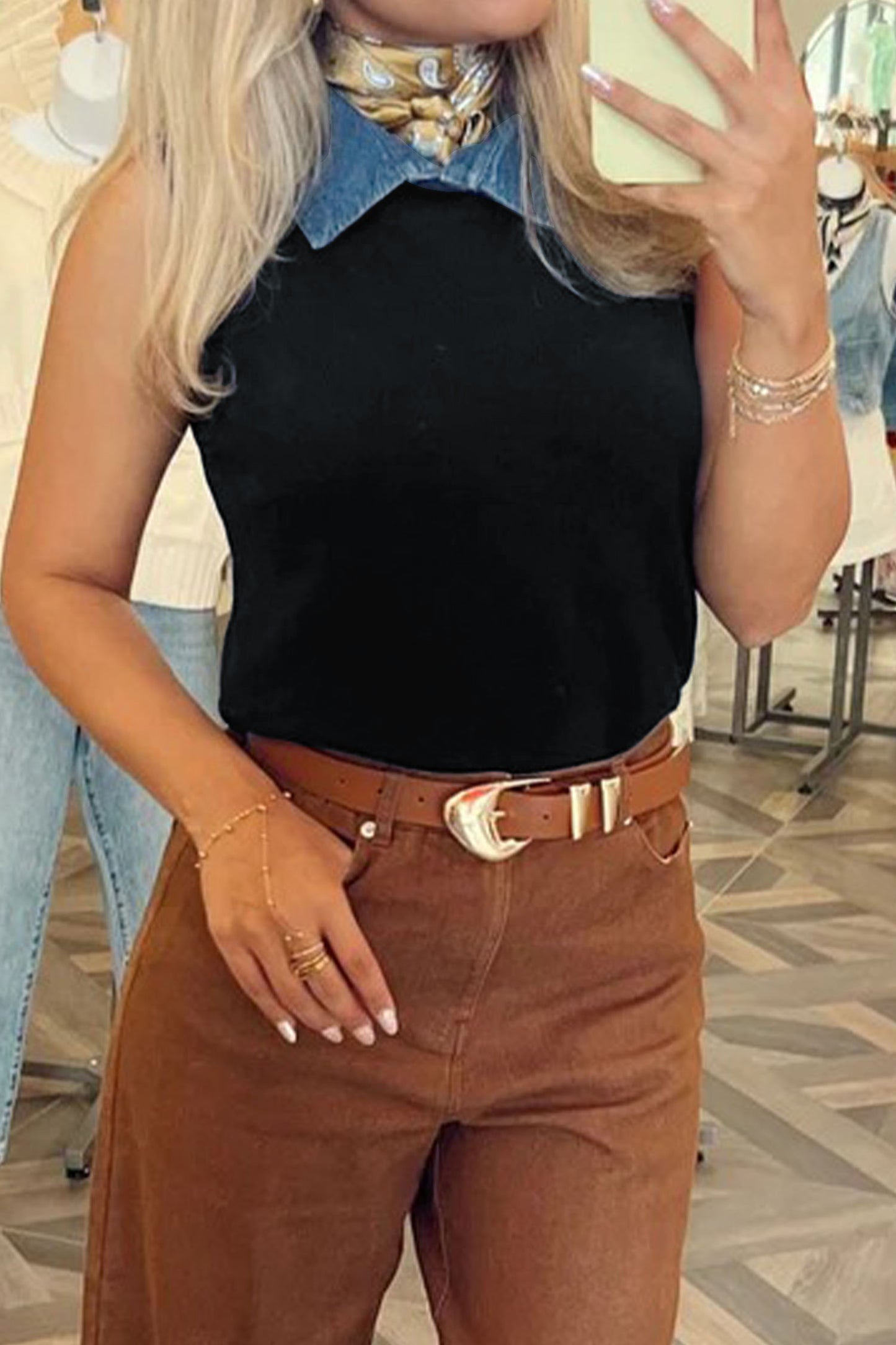 Black Solid Color Knit Contrast Denim Patchwork Collar Sweater Vest-TOPS / DRESSES-[Adult]-[Female]-2022 Online Blue Zone Planet