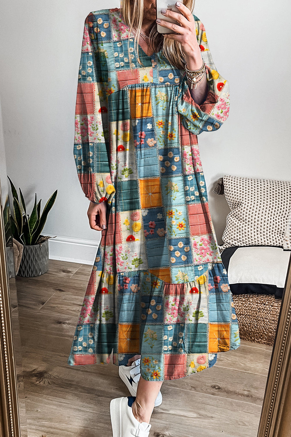 Sky Blue Mix Floral Checkered Pattern Bubble Sleeve Ruffle Hem Dress-Dresses/Maxi Dresses-[Adult]-[Female]-Sky Blue-S-2022 Online Blue Zone Planet